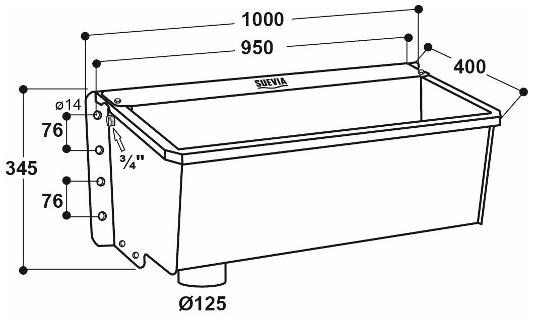 Kompakt-Trogtränke Mod. 6150 Edelstahl, Länge 1,0 m, Anschluss 3/4" Maxiflow-Schwimmerventil