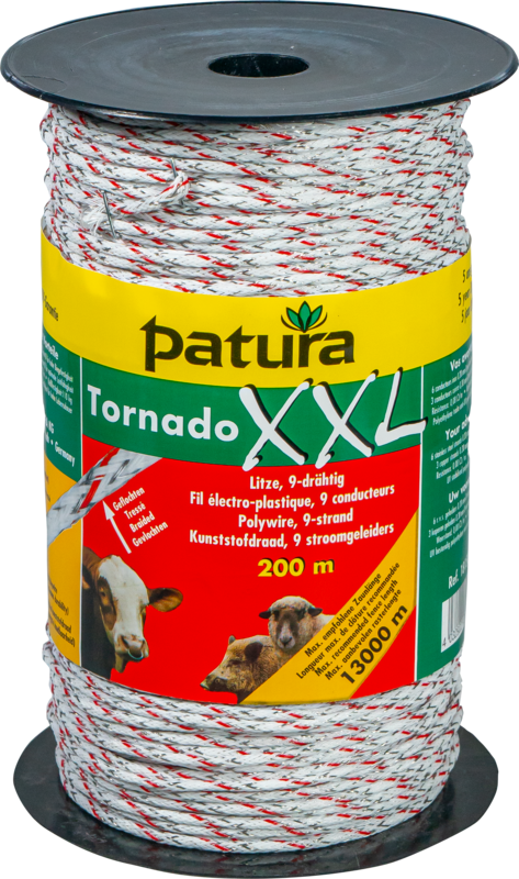 Tornado XXL Polywire, 200 m spool, braided, white-red, 6 stainless steel strands 0.20mm, 3 copper strands 0.30 mm