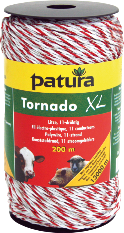 Tornado XL Polywire, 200 m spool, 8 stainless steel 0.20 mm, 3 copper 0.30 mm, white- red