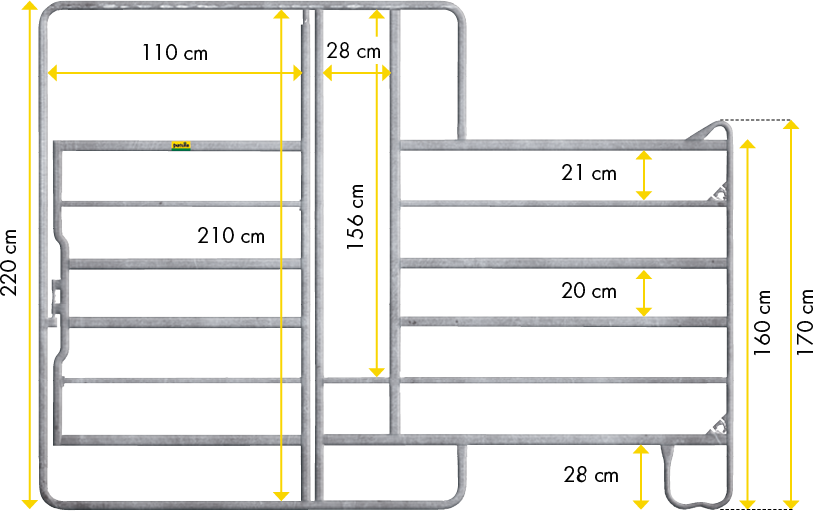 Panel-6 mit Tor und Fressgitter 2,40 m, 1 Fressplatz Breite 2,40 m, Höhe 2,20 m