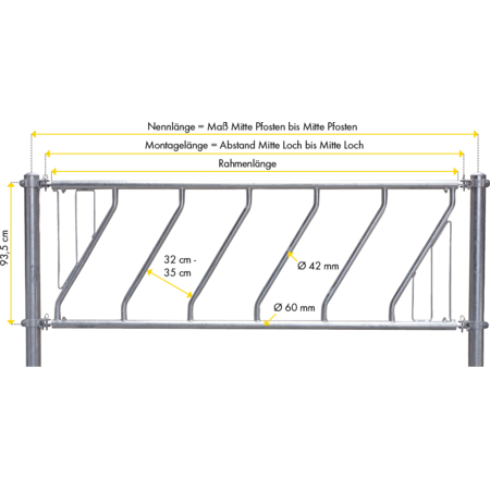 Diagonal Feed Front 6.0 m, 12 feed spaces, galvanised, with central support