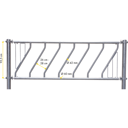 Diagonal Feed Front 6.0 m, 15 feed spaces, galvanised, for young cattle with central support