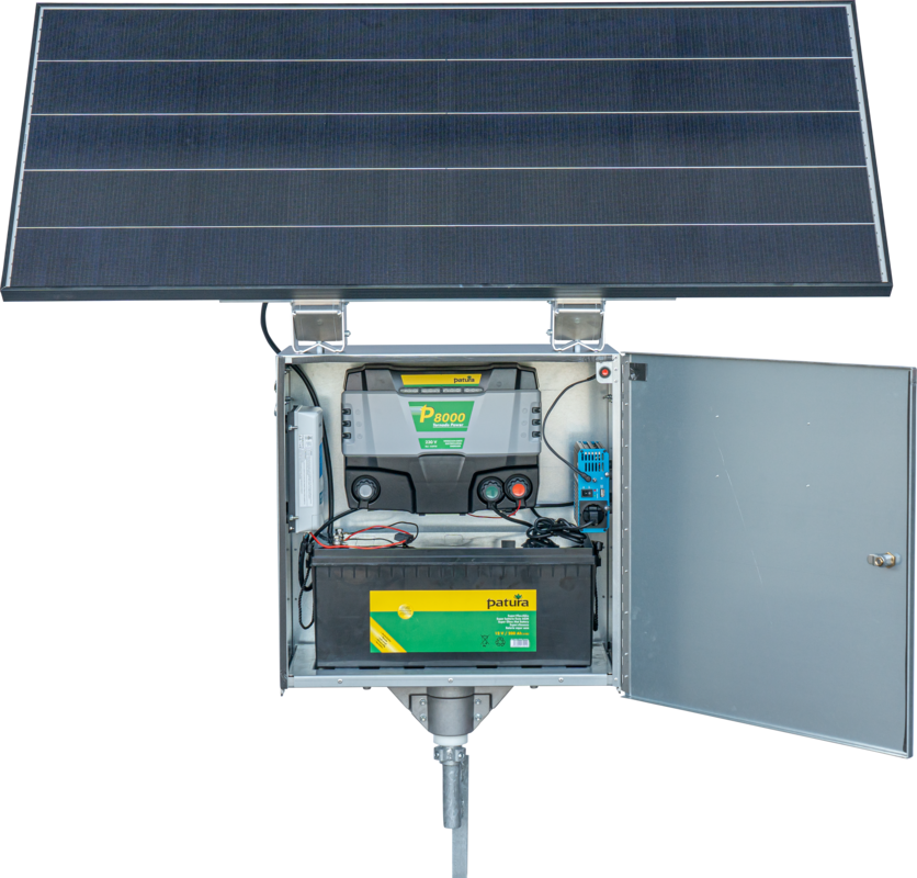 P8000, mit Sicherheitsbox XL und Erweiterungsset, 2 x 200 W Solarmodul, 2 x Erdstab, 2 x Stabilisierungsfuß
