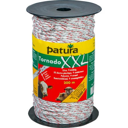 Tornado XXL Polywire, 200 m spool, braided, white-red, 6 stainless steel strands 0.20mm, 3 copper strands 0.30 mm